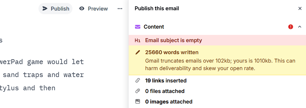 An example of Buttondown's pre-flight warning for email content that exceeds Gmail's 102kb size threshold.