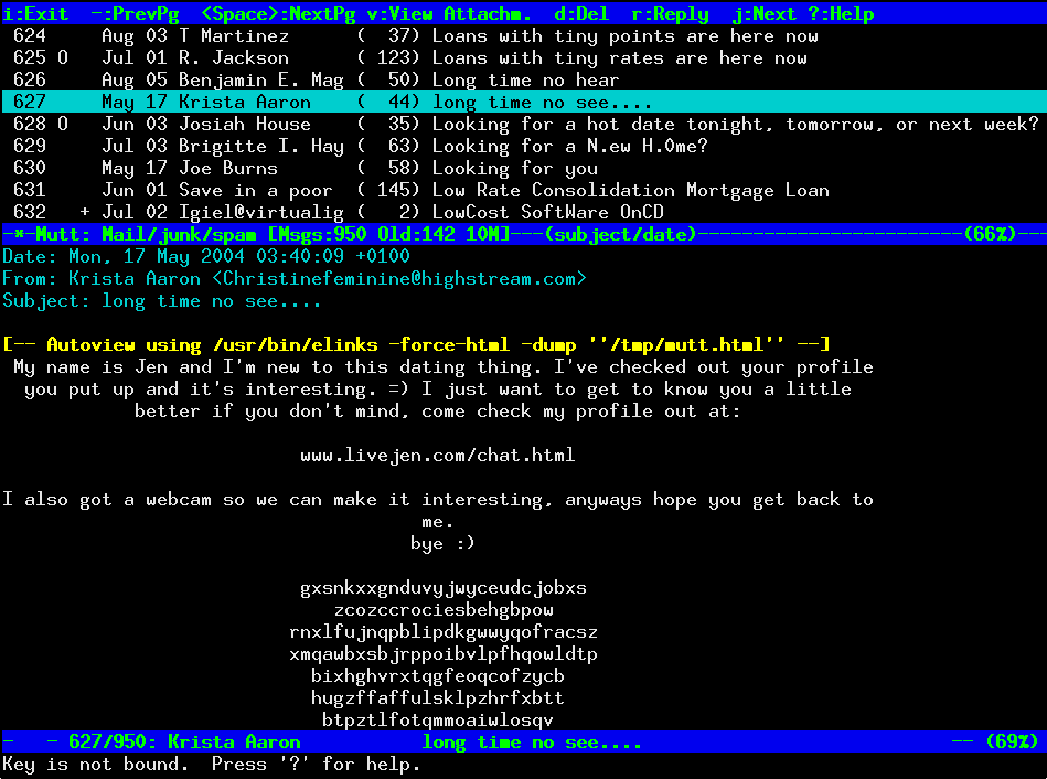 The Mutt email client running in a command-line interface.