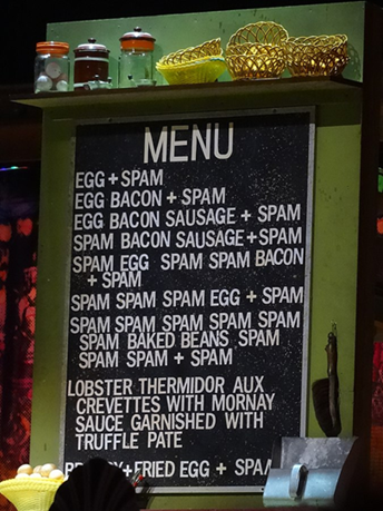 The wall-mounted menu from the Monty Python skit that spawned the common definition of email spam. Almost every menu item contains spam.
