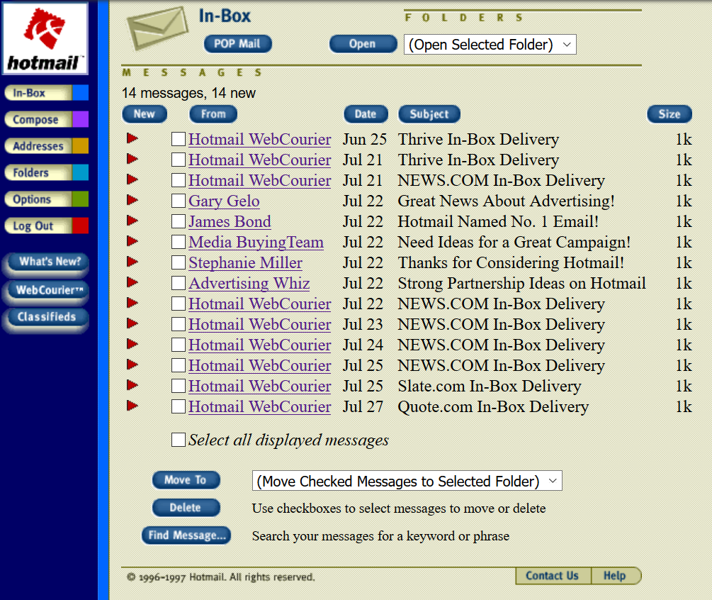 A view of a Hotmail inbox in 1997, showing only the From:, Date:, and Subject: fields.