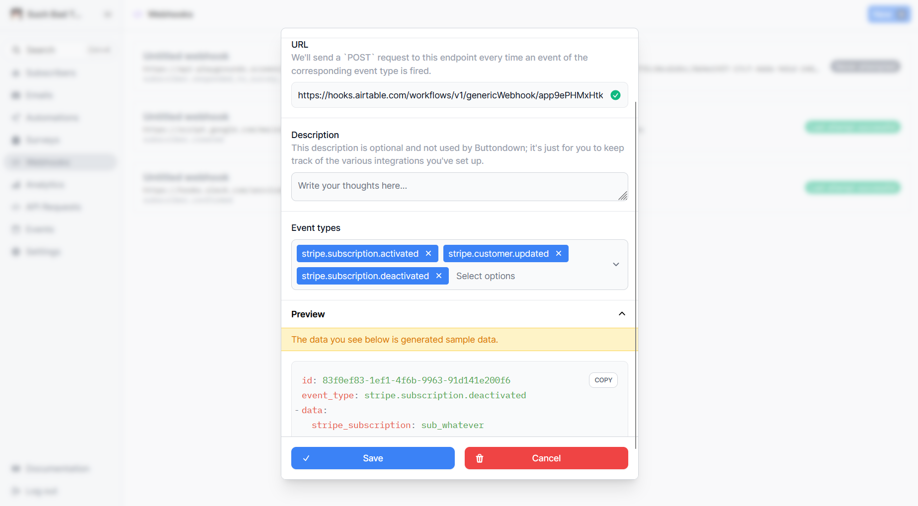 Buttondown's webhook setup win, with fields for URL endpoint, Description, and Event types. There are Save and Cancel buttons at the bottom of the overlay.
