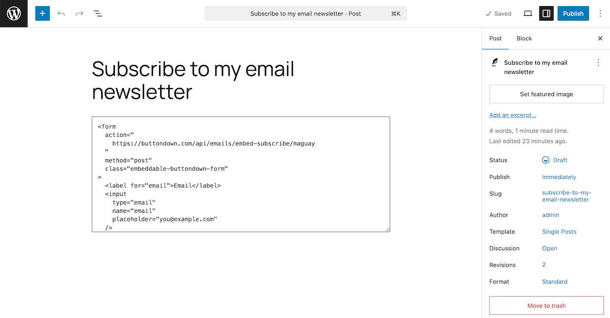 Buttondown form in WordPress