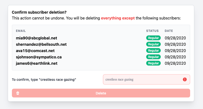 A dialog confirming the deletion of 5 subscribers